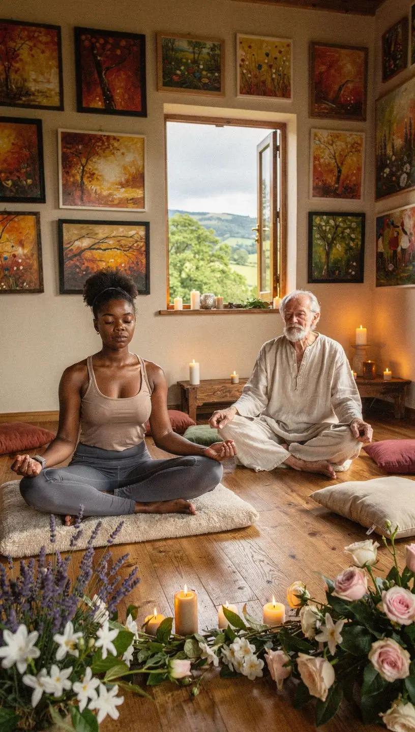 Een ontspannen yoga-sessie in de natuur met deelnemers in meditatieve poses.